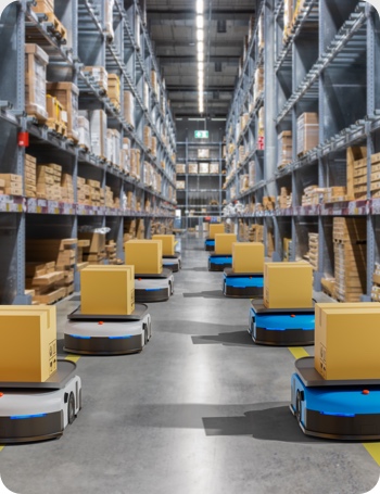 Industrial Warehouse with Robots moving packages